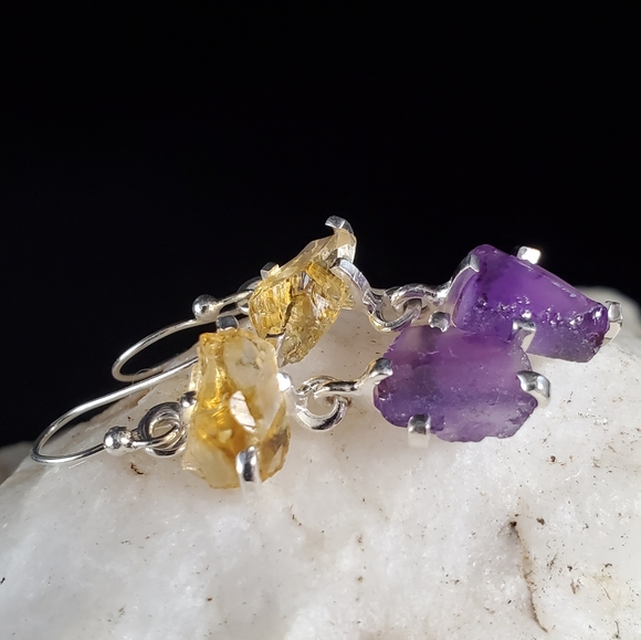 Solid Sterling Silver 925 Earrings Raw Genuine Citrine Quartz Amethyst - Picture 7 of 11